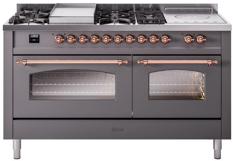 Matte graphite dual fuel range with copper-trim control knobs and two glass door ovens