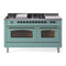 ILVE Nostalgie II 60-Inch Propane Gas Dual Fuel Range with 7 Burners, Griddle, & French Top with Triple Glass Door Oven in Mediterranean Mint with Burnished Bronze Trim (UP60FSNMPMMBLP)