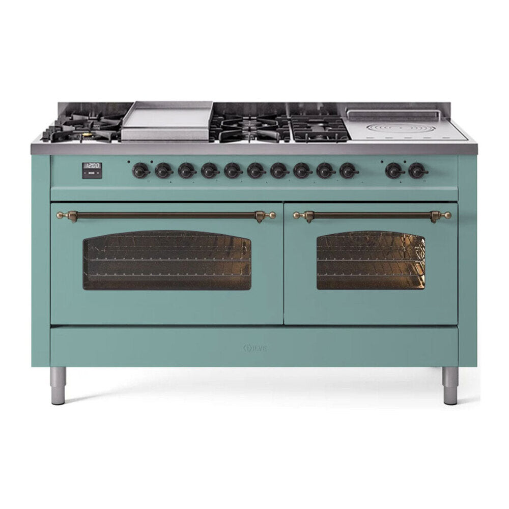 ILVE Nostalgie II 60-Inch Natural Gas Dual Fuel Range with 7 Burners, Griddle, & French Top with Triple Glass Door Oven in Mediterranean Mint with Burnished Bronze Trim (UP60FSNMPMMB)