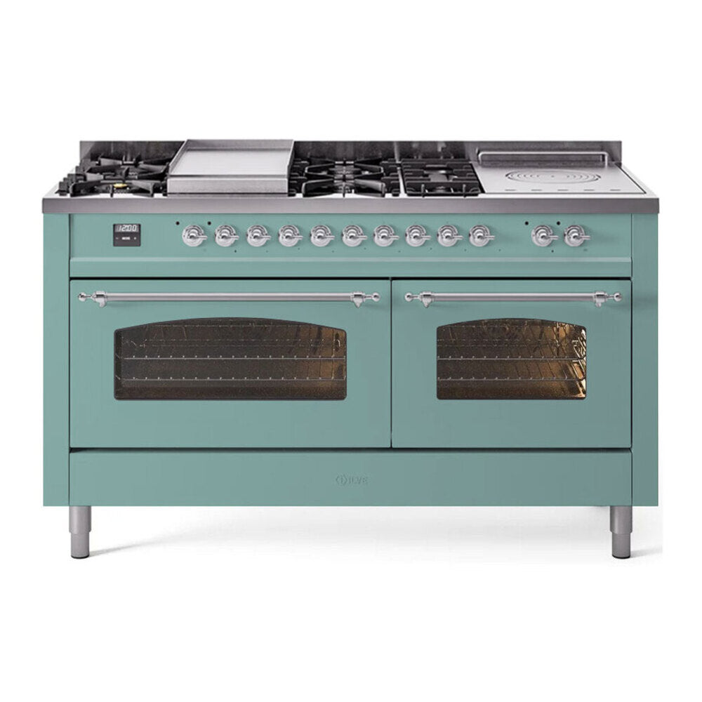 ILVE Nostalgie II 60-Inch Propane Gas Dual Fuel Range with 7 Burners, Griddle, & French Top with Triple Glass Door Oven in Mediterranean Mint with Chrome Trim (UP60FSNMPMMCLP)
