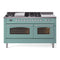 ILVE Nostalgie II 60-Inch Natural Gas Dual Fuel Range with 7 Burners, Griddle, & French Top with Triple Glass Door Oven in Mediterranean Mint with Chrome Trim (UP60FSNMPMMC)