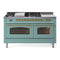 ILVE Nostalgie II 60-Inch Propane Gas Dual Fuel Range with 7 Burners, Griddle, & French Top with Triple Glass Door Oven in Mediterranean Mint with Brass Trim (UP60FSNMPMMGLP)