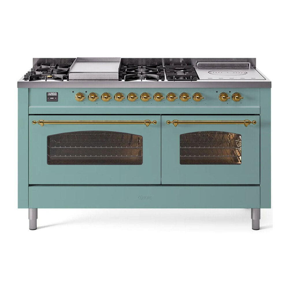 ILVE Nostalgie II 60-Inch Natural Gas Dual Fuel Range with 7 Burners, Griddle, & French Top with Triple Glass Door Oven in Mediterranean Mint with Brass Trim (UP60FSNMPMMG)