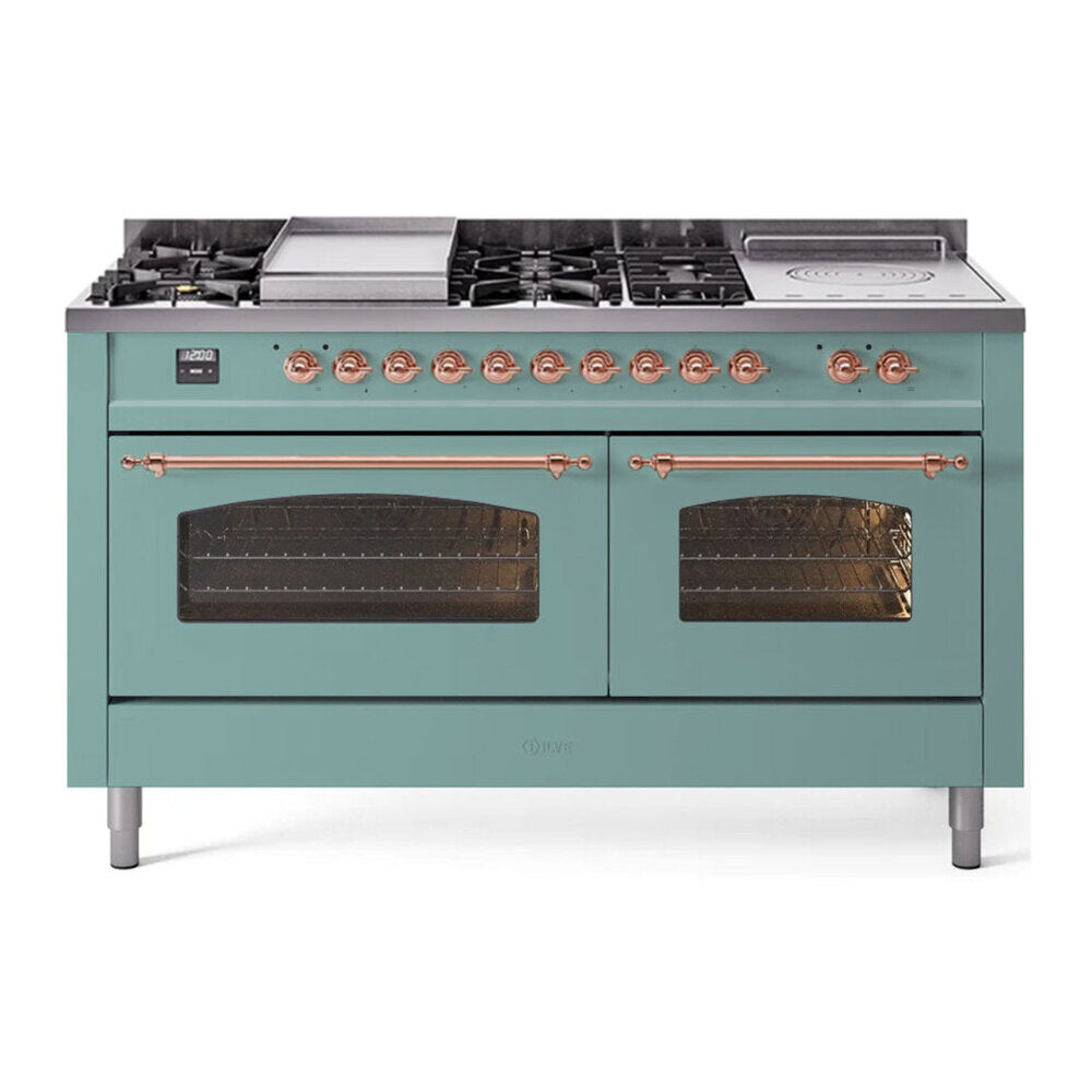 ILVE Nostalgie II 60-Inch Propane Gas Dual Fuel Range with 7 Burners, Griddle, & French Top with Triple Glass Door Oven in Mediterranean Mint with Copper Trim (UP60FSNMPMMPLP)