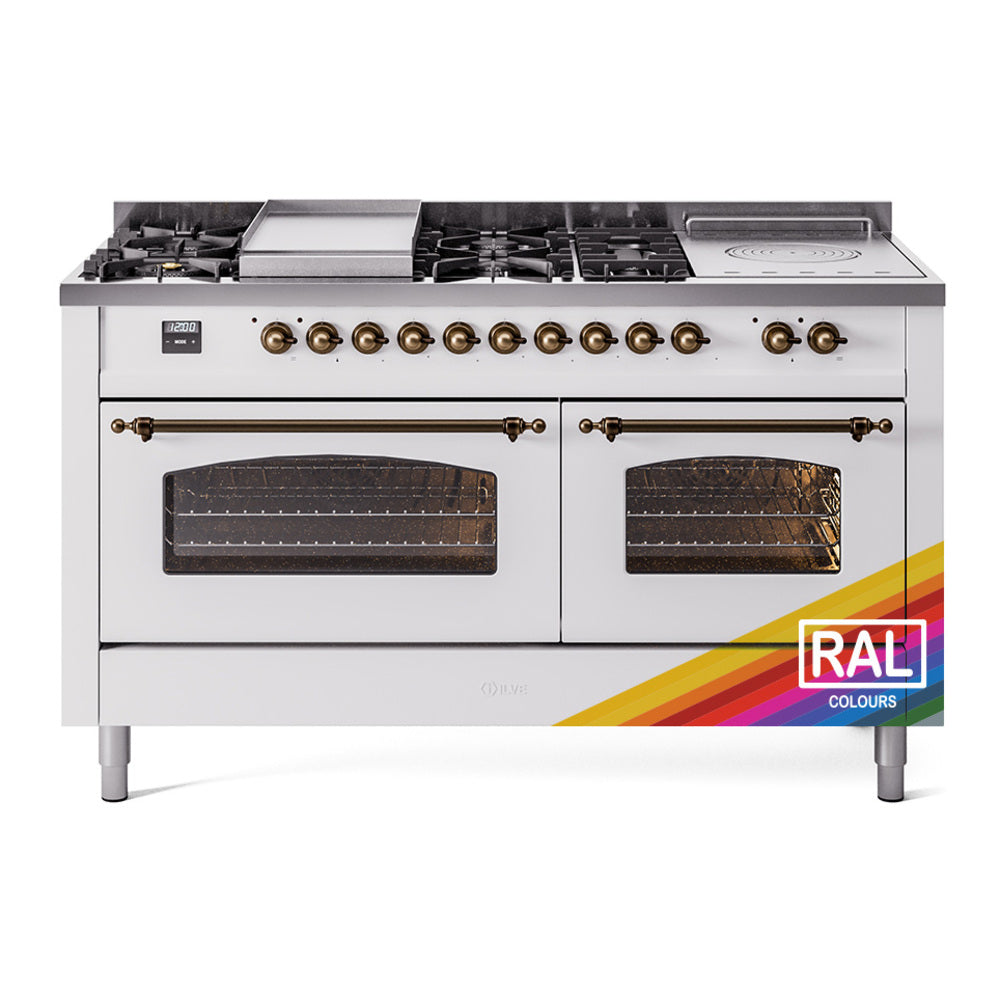 ILVE Nostalgie II dual-fuel gas range front with burners, griddle, and two glass doors