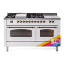 ILVE Nostalgie II 60-Inch Propane Gas Dual Fuel Range with 7 Burners, Griddle, & French Top with Triple Glass Door Oven in Custom RAL with Bronze Trim (UP60FSNMPRABLP)