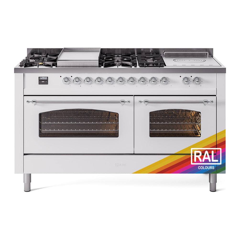 Dual fuel range front with burner controls, griddle, and two oven doors