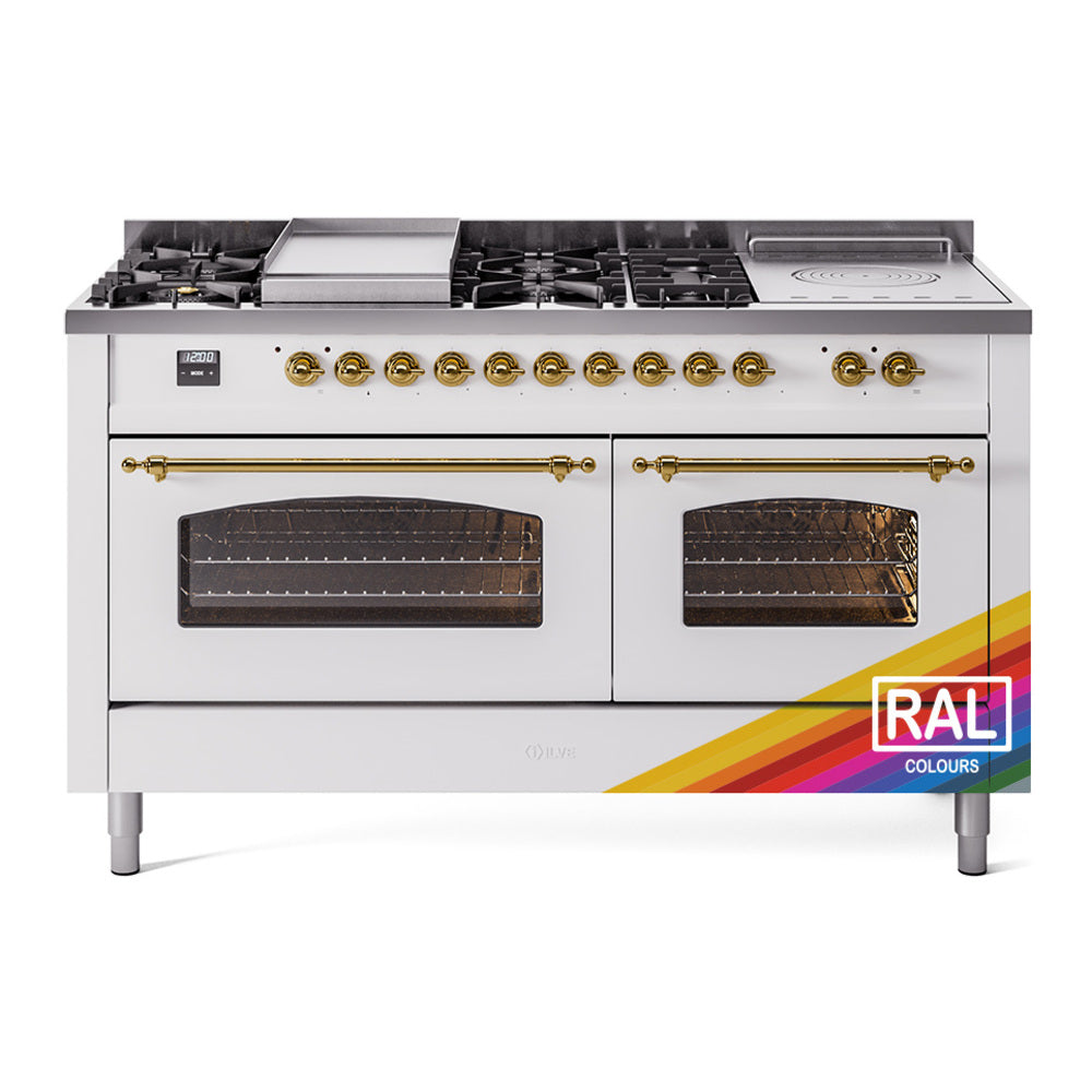 ILVE dual fuel gas range with griddle, brass knobs and twin oven doors, white