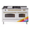 ILVE Nostalgie II 60-Inch Natural Gas Dual Fuel Range with 7 Burners, Griddle, & French Top with Triple Glass Door Oven in Custom RAL with Brass Trim (UP60FSNMPRAG)