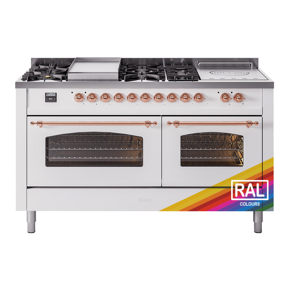 Freestanding dual oven gas range with two glass doors and copper-trim controls