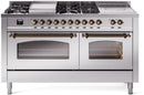 ILVE Nostalgie II 60-Inch Natural Gas Dual Fuel Range with 7 Burners, Griddle, & French Top with Triple Glass Door Oven in Stainless Steel with Bronze Trim (UP60FSNMPSSB)