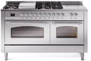 ILVE Nostalgie II 60-Inch Natural Gas Dual Fuel Range with 7 Burners, Griddle, & French Top with Triple Glass Door Oven in Stainless Steel with Chrome Trim (UP60FSNMPSSC)