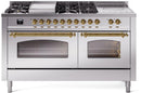 ILVE Nostalgie II 60-Inch Dual Fuel Range with 7 Burners, Griddle, & French Top with Triple Glass Door Oven in Stainless Steel with Brass Trim (UP60FSNMPSSG)