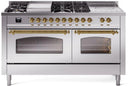 ILVE Nostalgie II 60-Inch Natural Gas Dual Fuel Range with 7 Burners, Griddle, & French Top with Triple Glass Door Oven in Stainless Steel with Brass Trim (UP60FSNMPSSG)