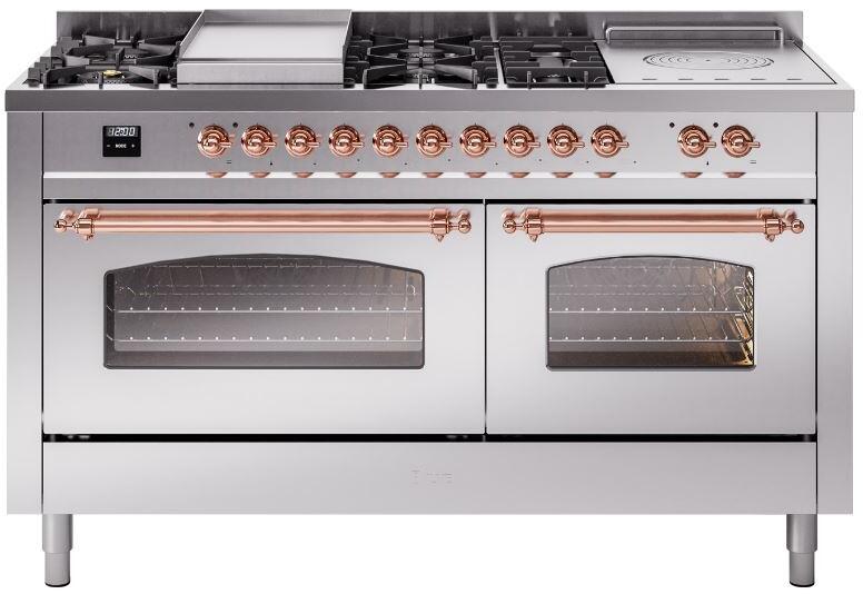 Stainless dual fuel range with copper-trimmed controls, two oven doors and open griddle top