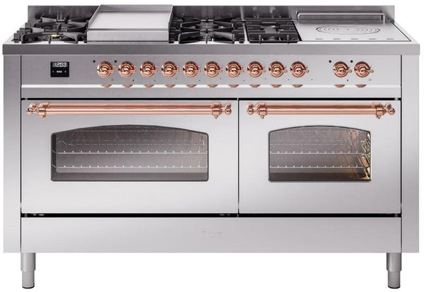 ILVE Nostalgie II 60-Inch Dual Fuel Freestanding Range in Stainless Steel with Copper Trim (UP60FSNMPSSP)