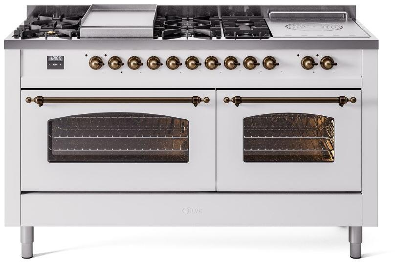 White dual fuel gas range front view with two closed oven doors and bronze knobs on top