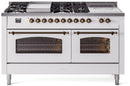 ILVE Nostalgie II 60-Inch Natural Gas Dual Fuel Range with 7 Burners, Griddle, & French Top with Triple Glass Door Oven in White with Bronze Trim (UP60FSNMPWHB)