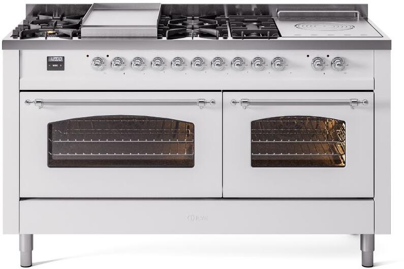 White dual fuel range front with 2 oven glass doors and burner grates across top