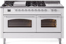 ILVE Nostalgie II 60-Inch Natural Gas Dual Fuel Range with 7 Burners, Griddle, & French Top with Triple Glass Door Oven in White with Chrome Trim (UP60FSNMPWHC)