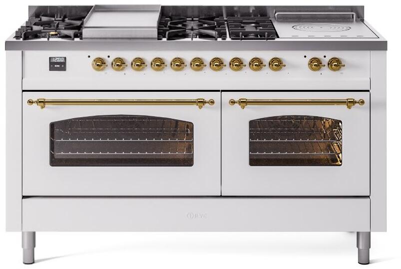White range with brass trim and two oven doors with glass windows
