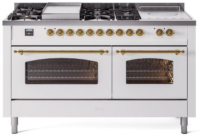 ILVE Nostalgie II 60-Inch Dual Fuel Range with 7 Burners, Griddle, & French Top with Triple Glass Door Oven in White with Brass Trim (UP60FSNMPWHG)