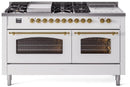 ILVE Nostalgie II 60-Inch Natural Gas Dual Fuel Range with 7 Burners, Griddle, & French Top with Triple Glass Door Oven in White with Brass Trim (UP60FSNMPWHG)
