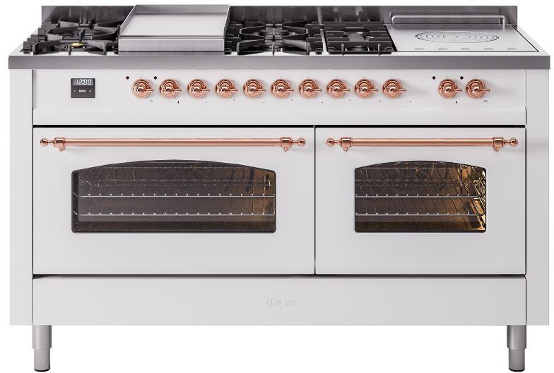 White dual-fuel gas range with copper trim, burners, and two ovens with windows closed