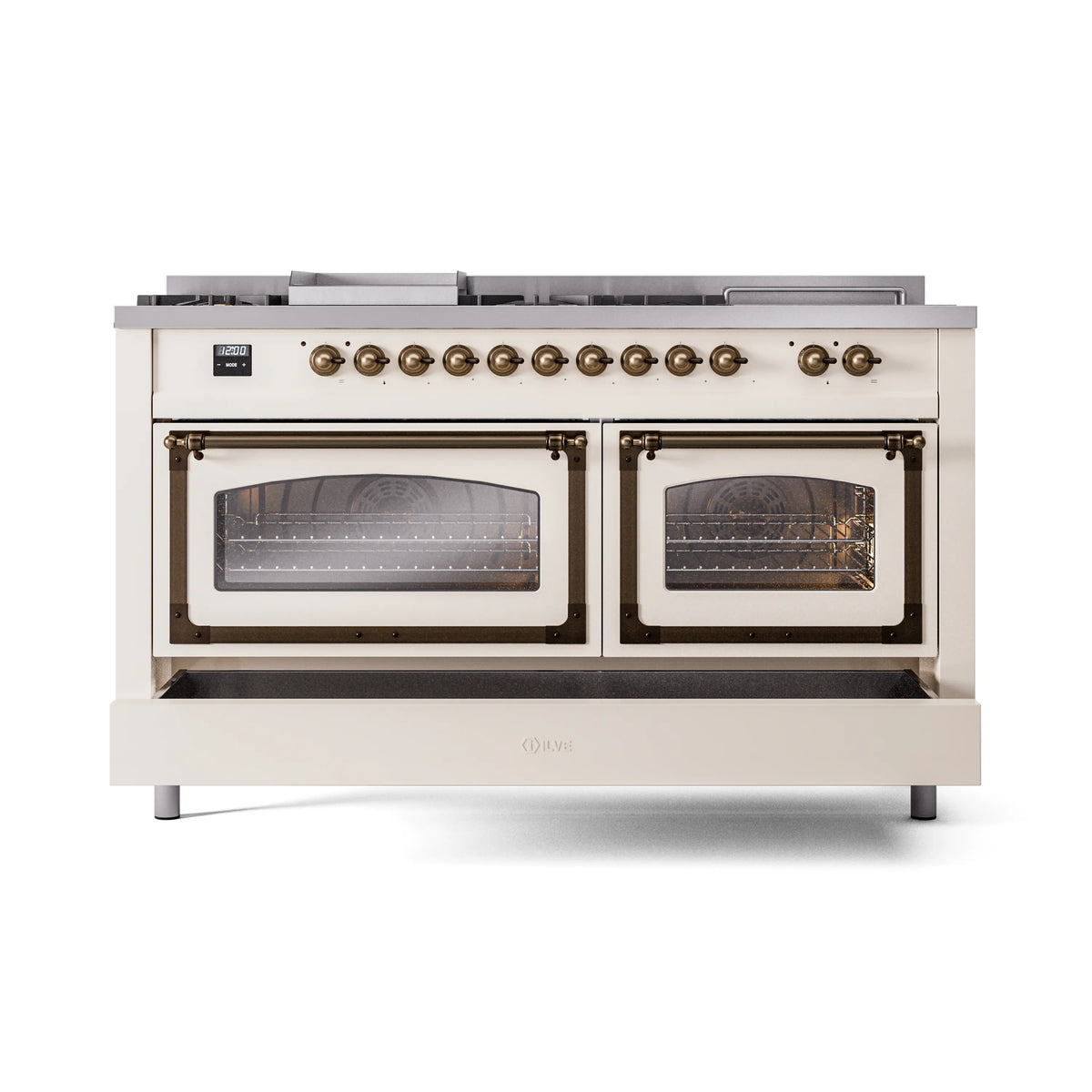 Antique white dual oven range with two glass doors, brass knobs, and cooktop burners