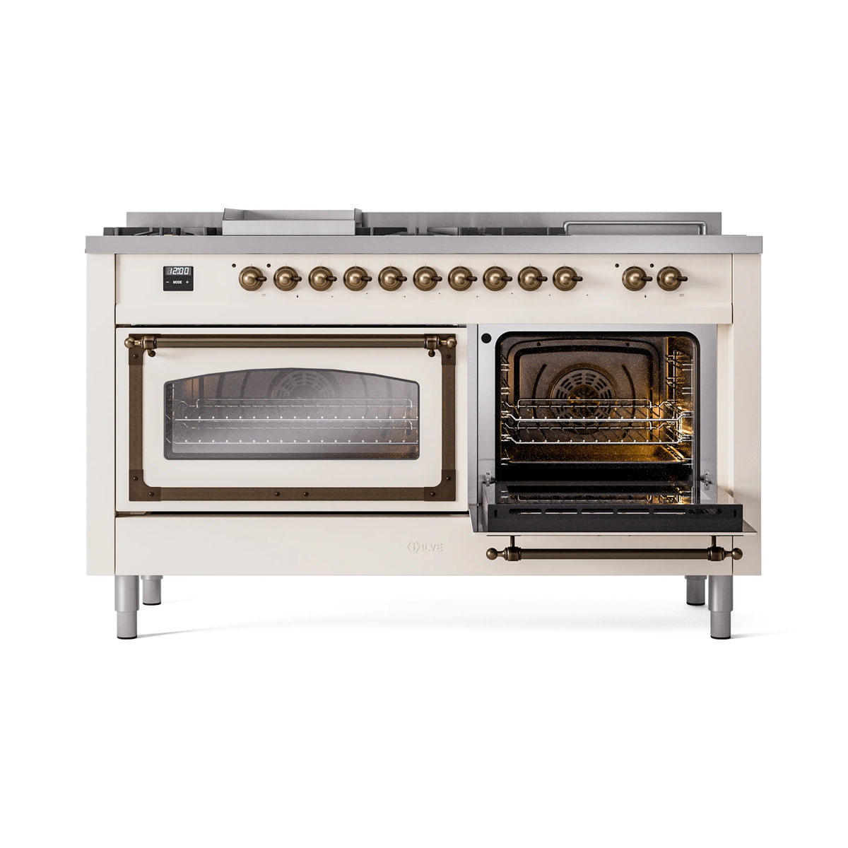 Antique white range with left oven door open, revealing oven interior racks and heating