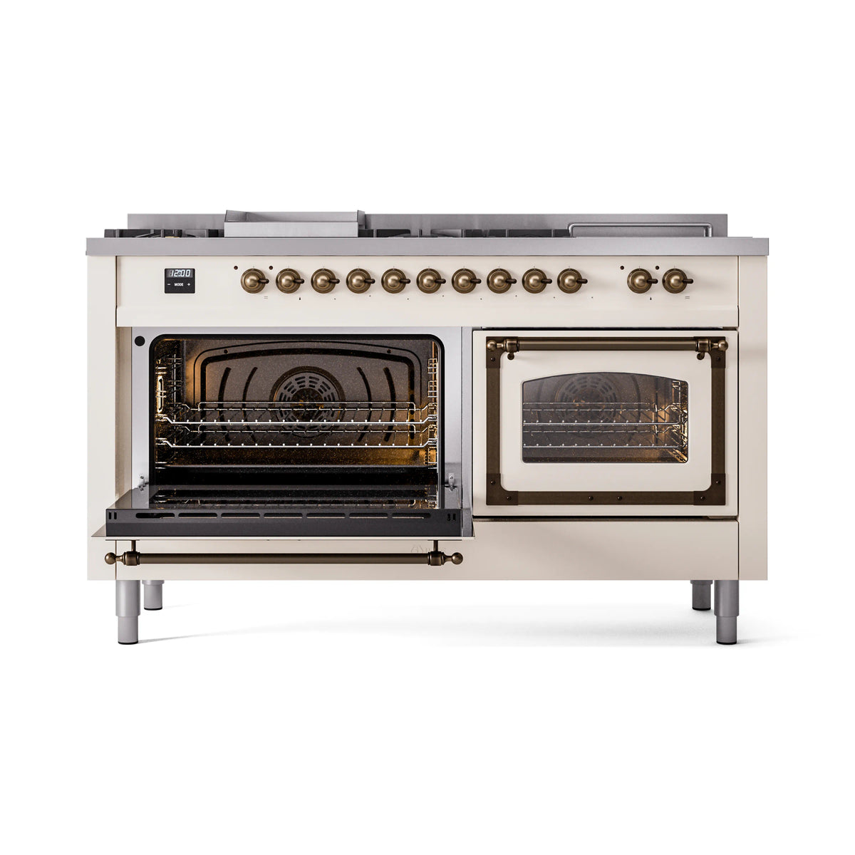 Antique white dual-fuel range with left oven door open and right oven glass window