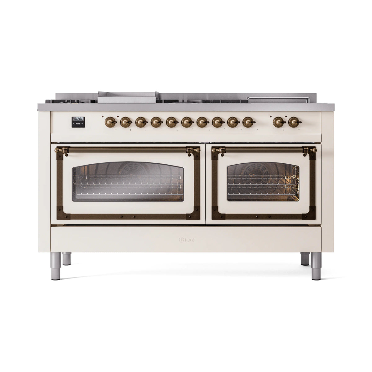 Antique white dual oven range with two glass doors and brass control knobs
