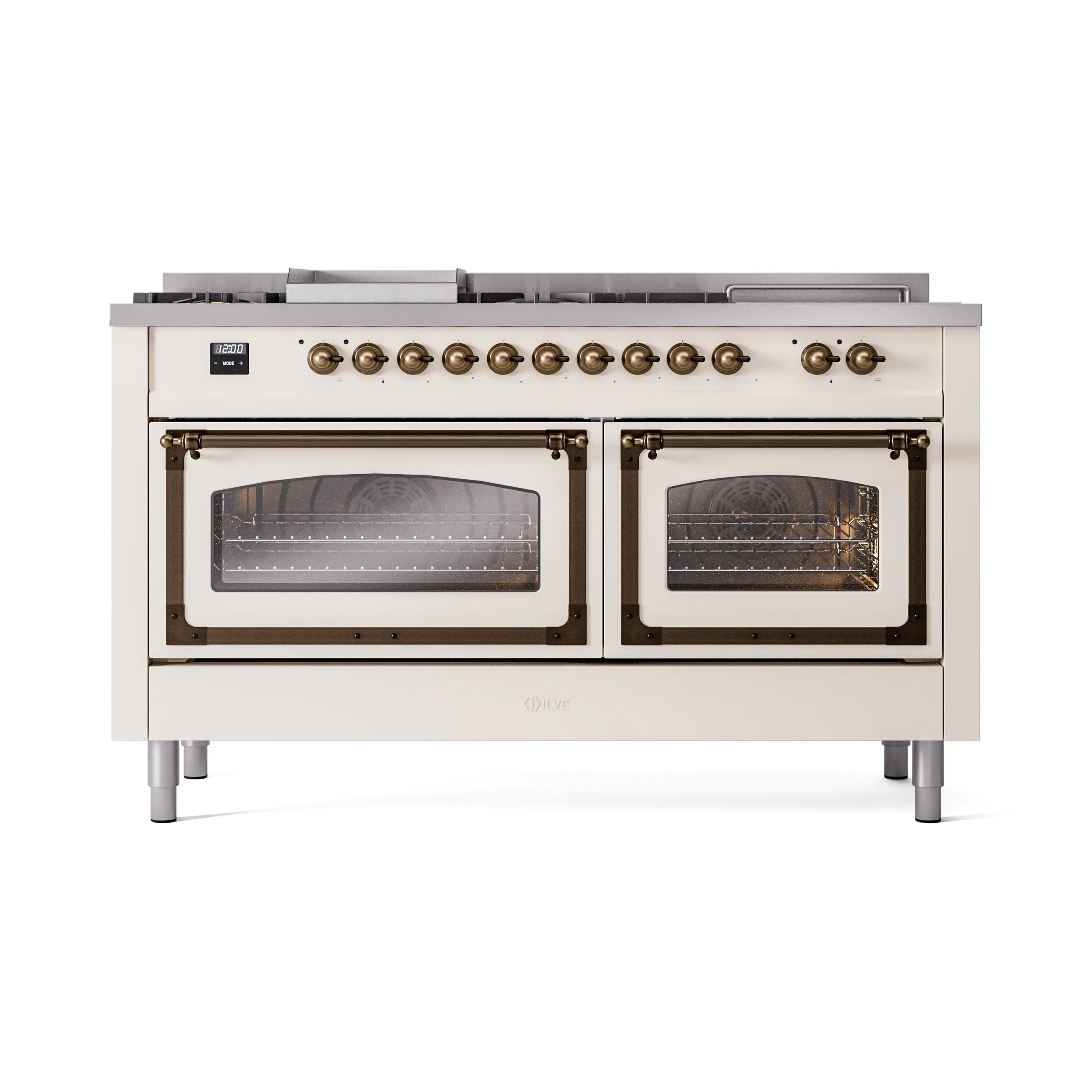 Antique white dual-fuel range front view with bronze controls and two oven glass windows