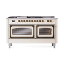 ILVE 60-Inch Nostalgie II Noblesse Natural Gas Dual Fuel Range with 7 Sealed Burners, Griddle, French Top and Triple Glass Door Oven in Antique White with Bronze Trim (UN60FSNMPAWB)