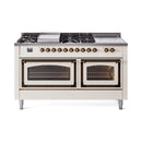 ILVE 60-Inch Nostalgie II Noblesse Propane Gas Dual Fuel Range with 7 Sealed Burners, Griddle, French Top and Triple Glass Door Oven in Antique White with Bronze Trim (UN60FSNMPAWBLP)