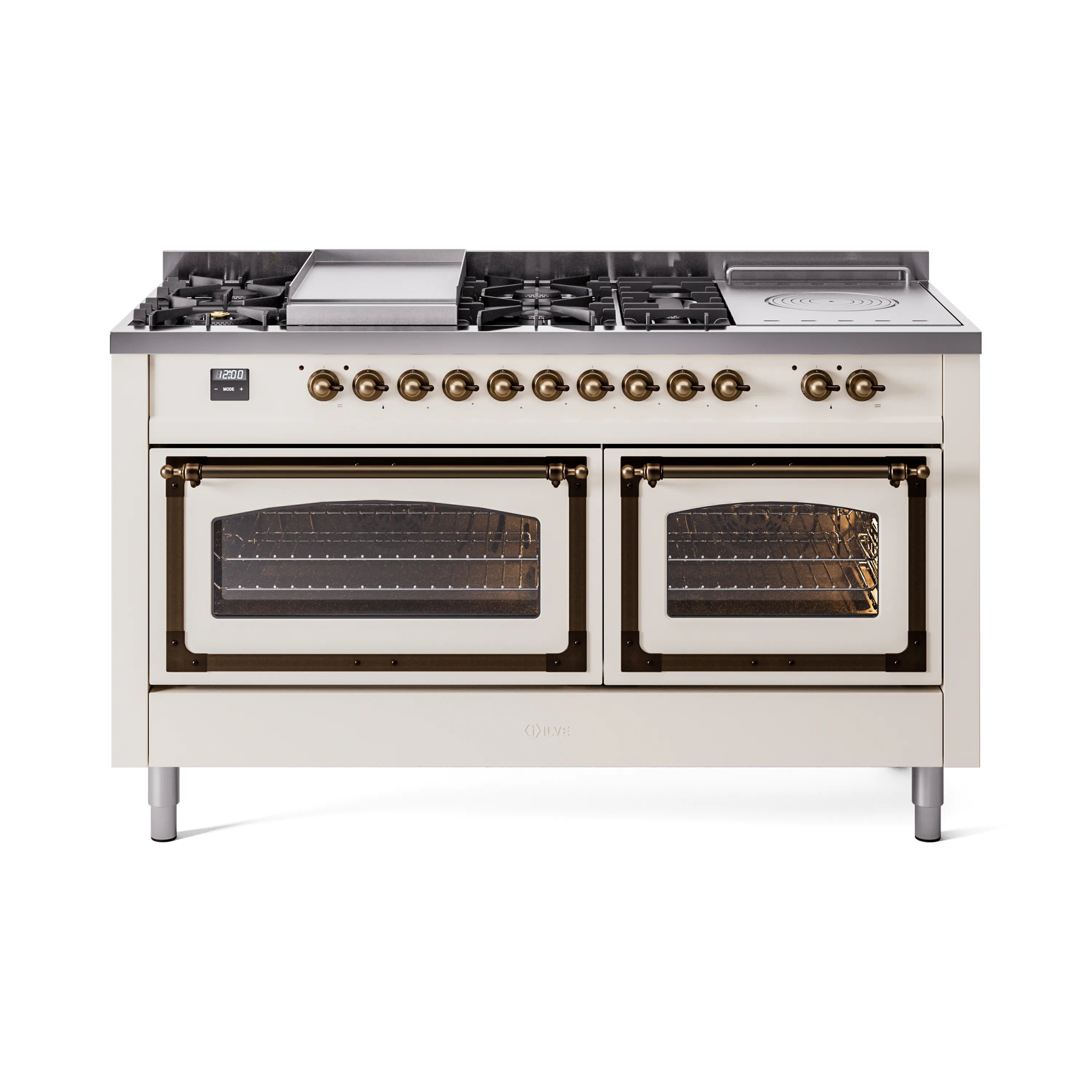 Antique white dual-fuel range with bronze knobs and two oven doors with glass windows