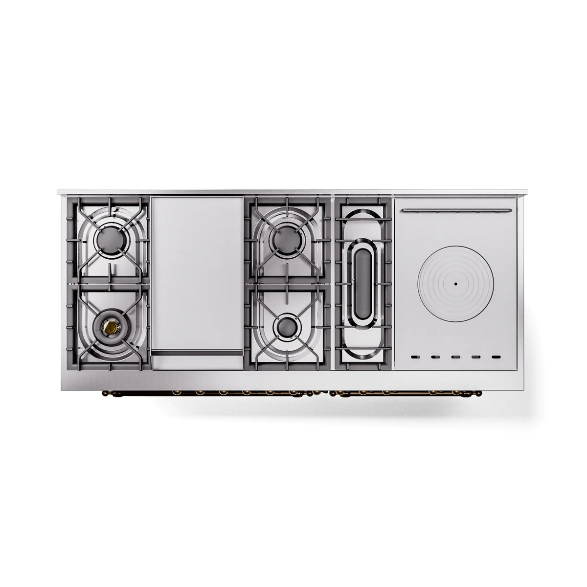 Antique white range side cutaway showing burners, grates, and rear plumbing components