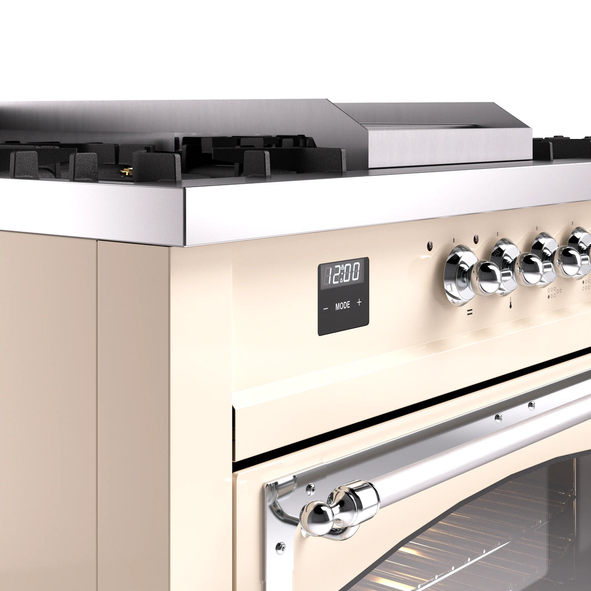 Antique white range control area with digital display and chrome burner knobs