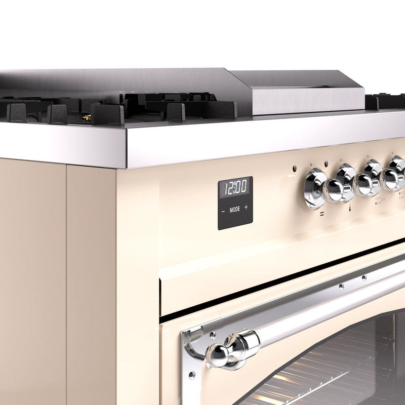 ILVE 60-Inch Nostalgie II Noblesse Dual Fuel Range with 7 Sealed Burners, Griddle, French Top and Triple Glass Door Oven in Antique White with Chrome Trim (UN60FSNMPAWC)