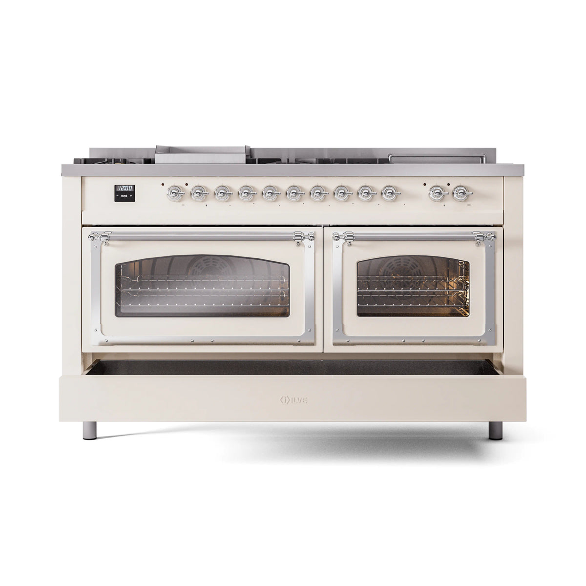 Antique white dual fuel gas range with chrome knobs and two glass oven doors