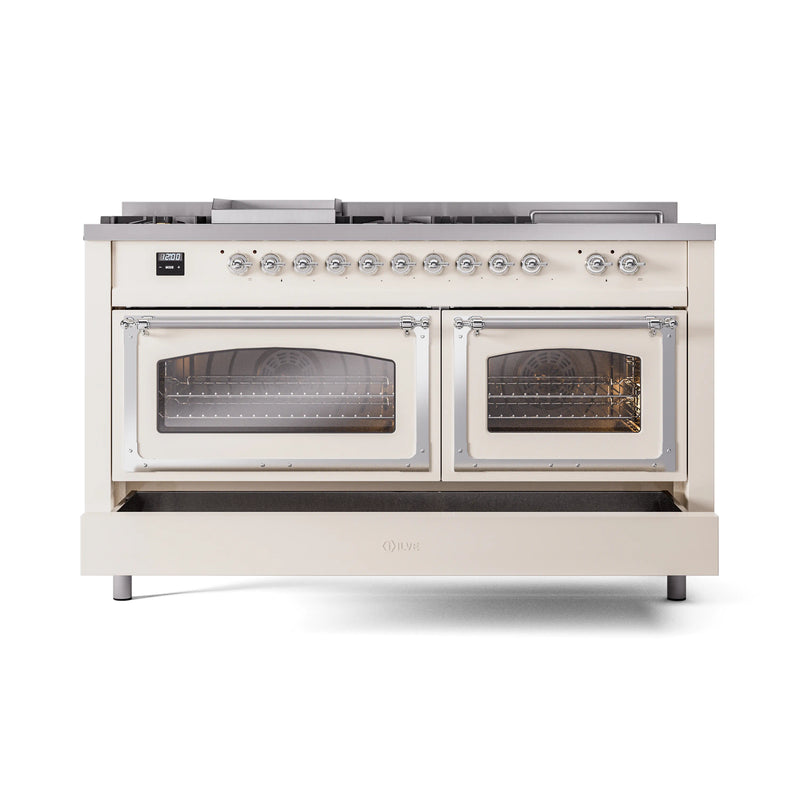 ILVE 60-Inch Nostalgie II Noblesse Dual Fuel Range with 7 Sealed Burners, Griddle, French Top and Triple Glass Door Oven in Antique White with Chrome Trim (UN60FSNMPAWC)