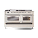 ILVE 60-Inch Nostalgie II Noblesse Natural Gas Dual Fuel Range with 7 Sealed Burners, Griddle, French Top and Triple Glass Door Oven in Antique White with Chrome Trim (UN60FSNMPAWC)