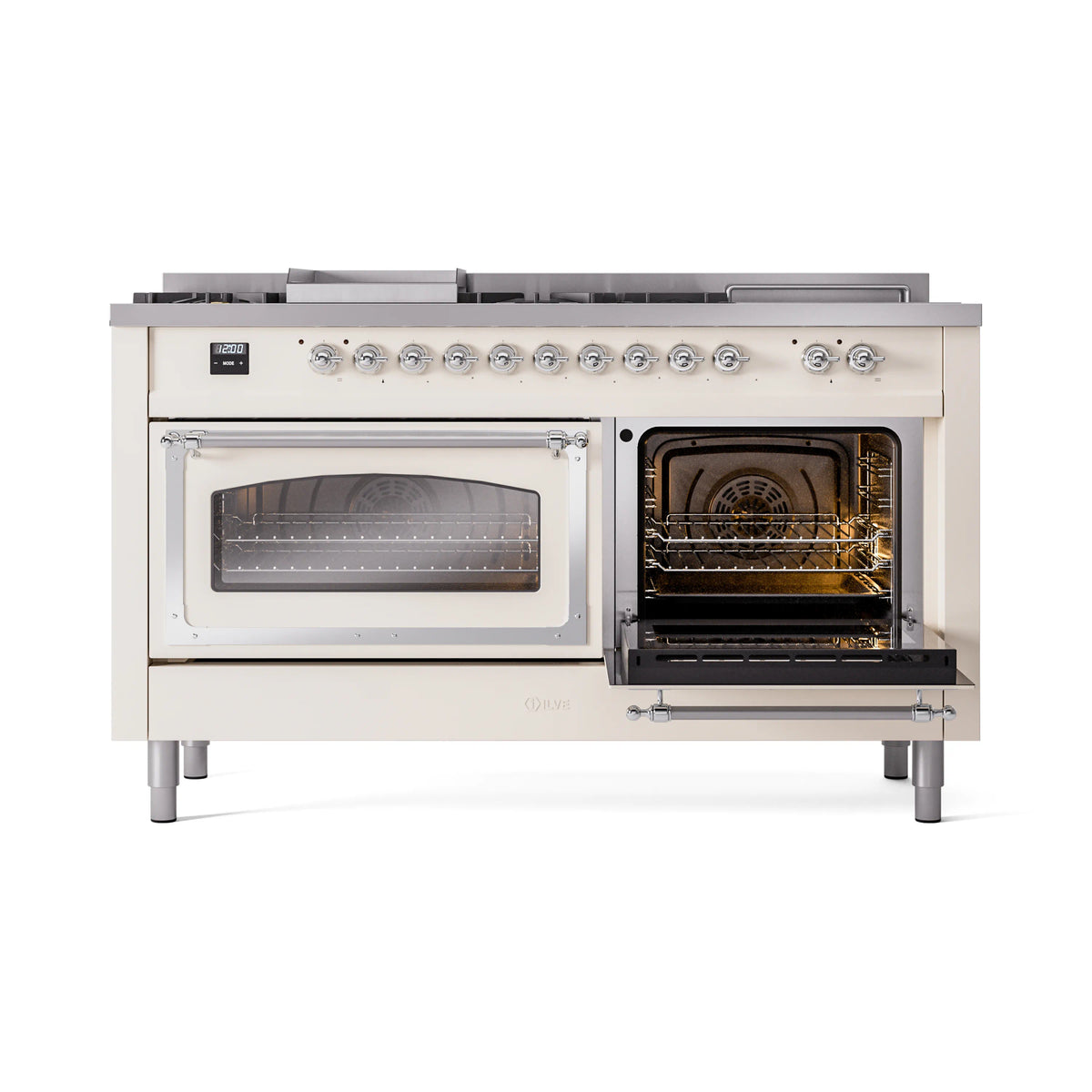 Antique white dual fuel gas range with left oven door open and right glass door closed