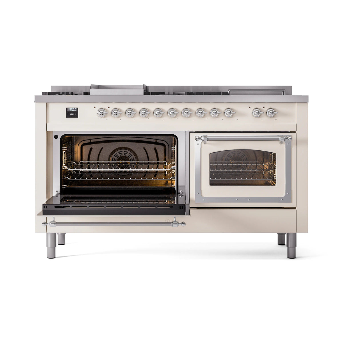 Antique white dual fuel gas range with both oven doors open and interior racks visible