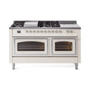 ILVE 60-Inch Nostalgie II Noblesse Natural Gas Dual Fuel Range with 7 Sealed Burners, Griddle, French Top and Triple Glass Door Oven in Antique White with Chrome Trim (UN60FSNMPAWC)