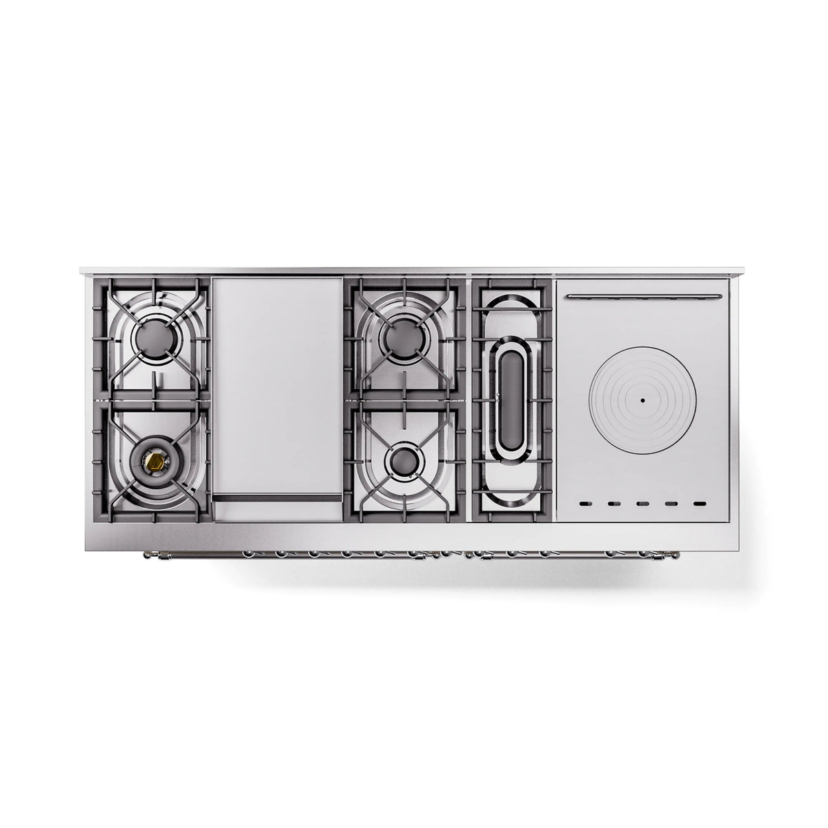 Rear view of antique white dual fuel gas range showing burner sections and rear panel