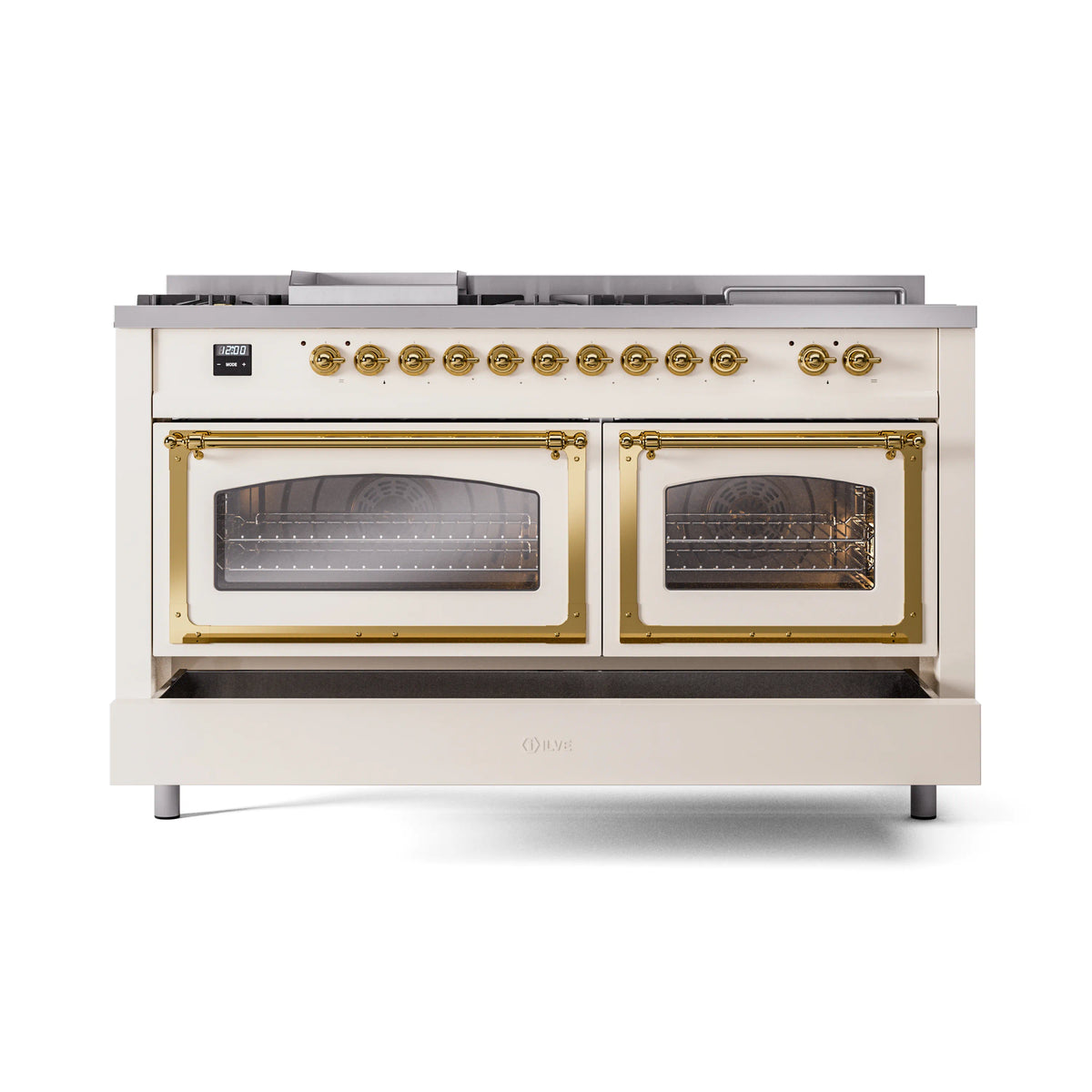 Antique white range with brass-trimmed windowed oven doors