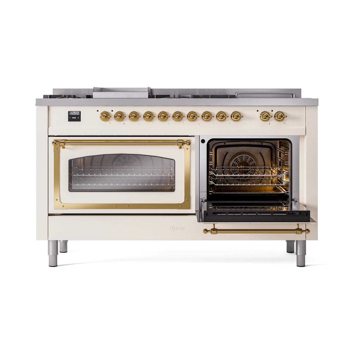 Antique white range with left oven door closed and right oven door open