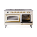 ILVE 60-Inch Nostalgie II Noblesse Natural Gas Dual Fuel Range with 7 Sealed Burners, Griddle, French Top and Triple Glass Door Oven in Antique White with Brass Trim (UN60FSNMPAWG)