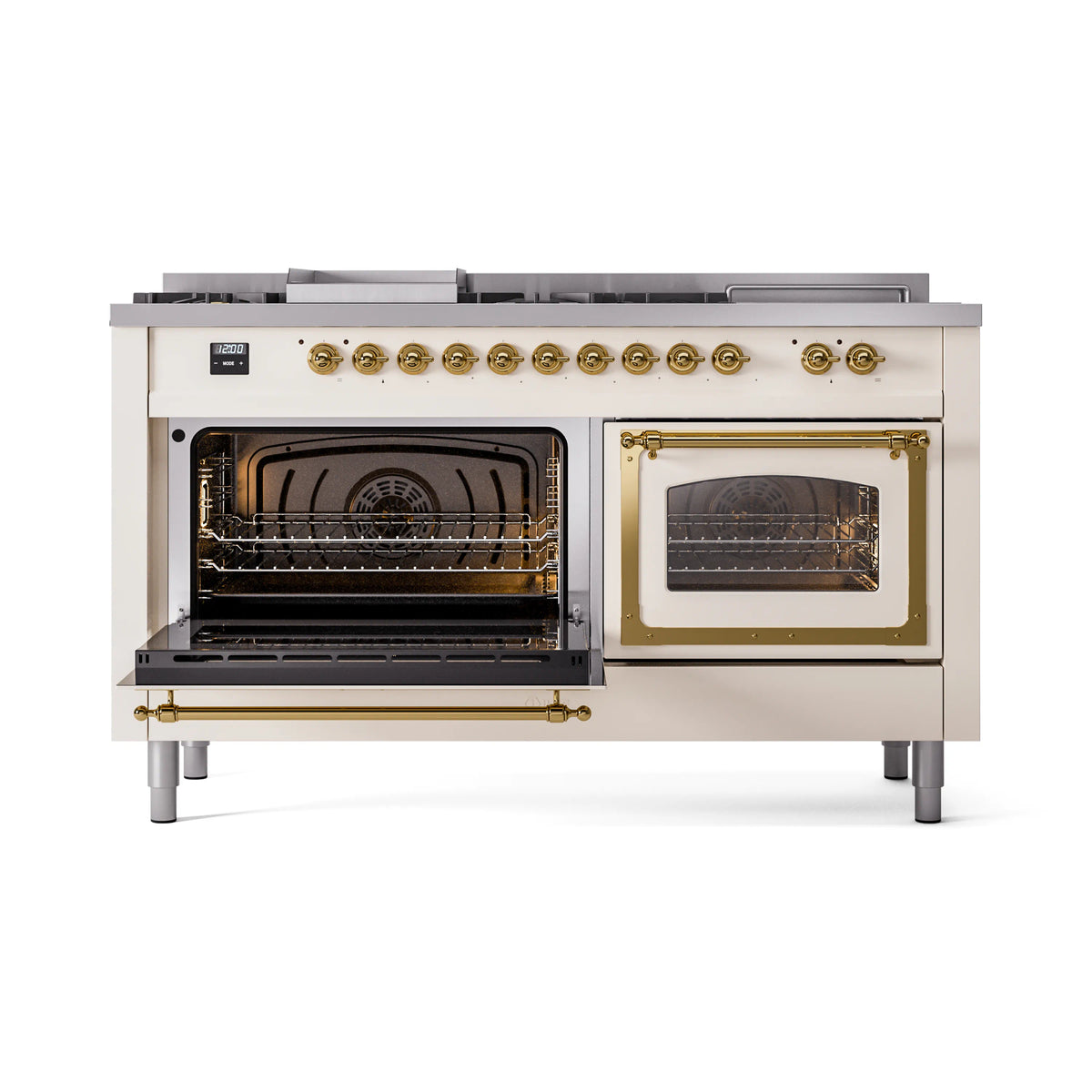 Antique white dual oven range with brass handle and left oven door open